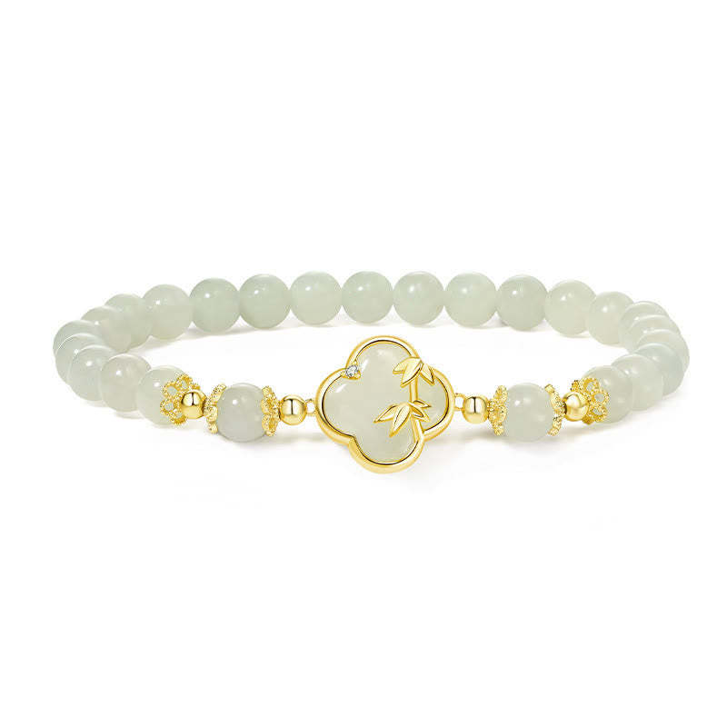 Hetian Jade 925 Sterling Silver Four Leaf Clover Bamboo Luck Bracelet
