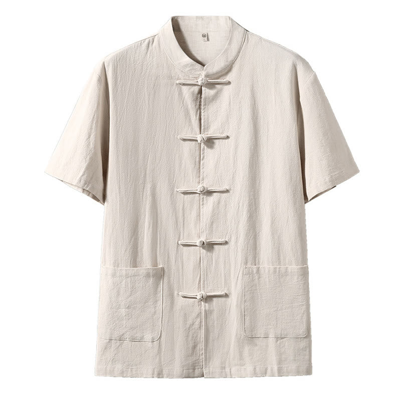 Frog-Button Chinese Tang Suit Short Sleeve Shirt Linen Men Clothing With Pockets