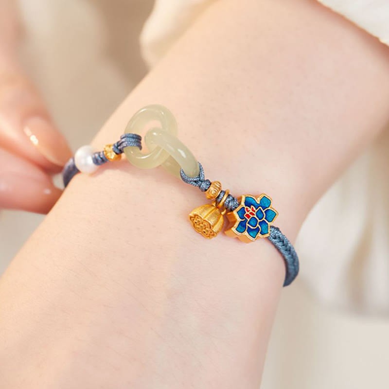Hetian Jade Lotus Peace Buckle Braided Rope Fortune Bracelet