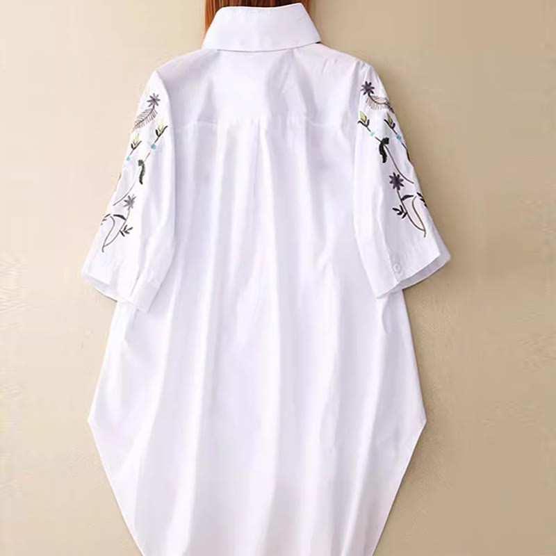 Summer Solid Color Embroidery Plants Flower Three Quarter Sleeve Lapel Button Cotton Women's Shirt