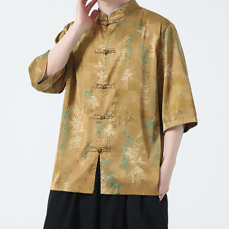 Bamboo Leaves Pattern Chinese Half Sleeve Shirt Men T-shirt