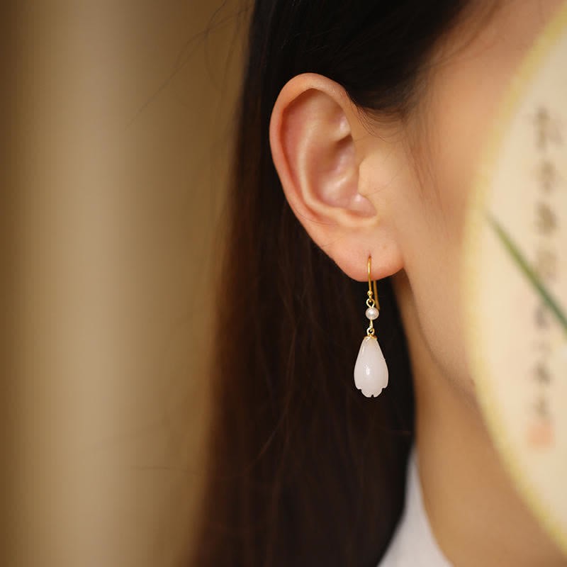 925 Sterling Silver White Jade Magnolia Flower Happiness Drop Earrings