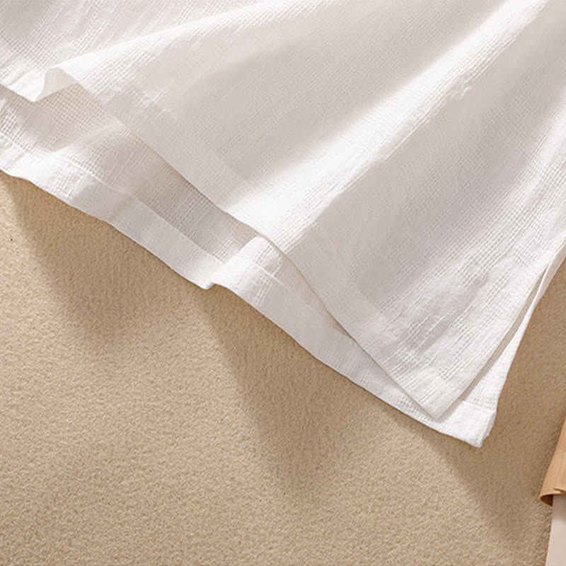 Plum Blossom Embroidery Frog-Button Short Sleeve Cotton Linen Shirt