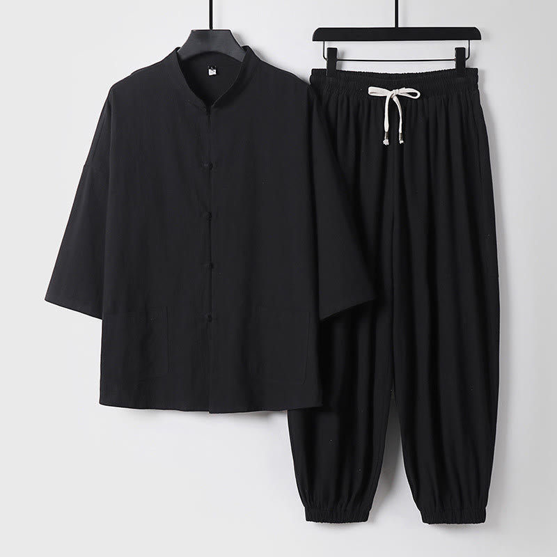 Three-Quarter Sleeves Cropped Bloomers Cotton Top Pants Clothing Men's Set