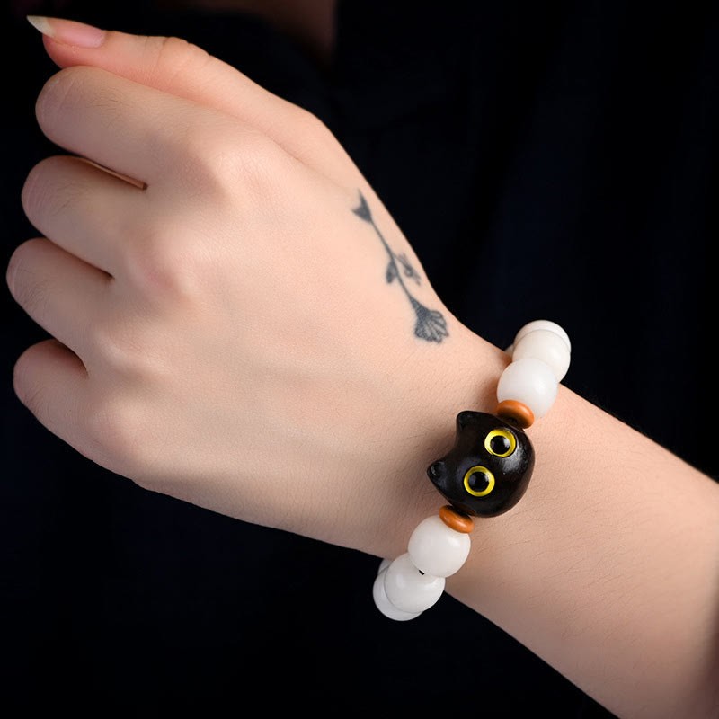 Natural Bodhi Seed Small Leaf Red Sandalwood Ebony Wood Cute Lucky Cat Wisdom Bracelet