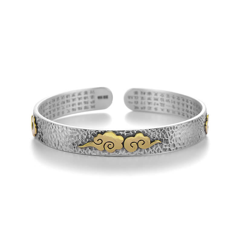 Retro 999 Sterling Silver Heart Sutra Auspicious Cloud Wealth Cuff Bracelet Bangle