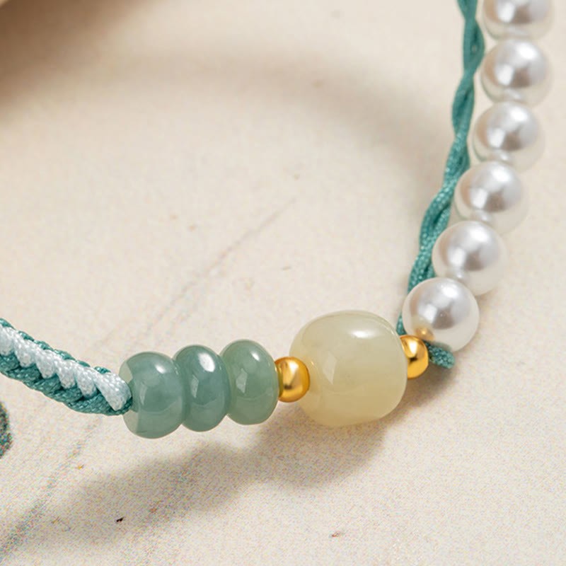 925 Sterling Silver Hetian Jade Braided Rope Pearl Abundance Bracelet