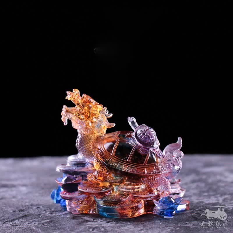 Feng Shui Dragon Turtle Coins Handmade Liuli Crystal Luck Art Piece Home Office Decoration