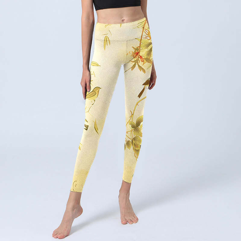Light Yellow Peony Flowers Birds Print Sports Leggings Women's Yoga Pants