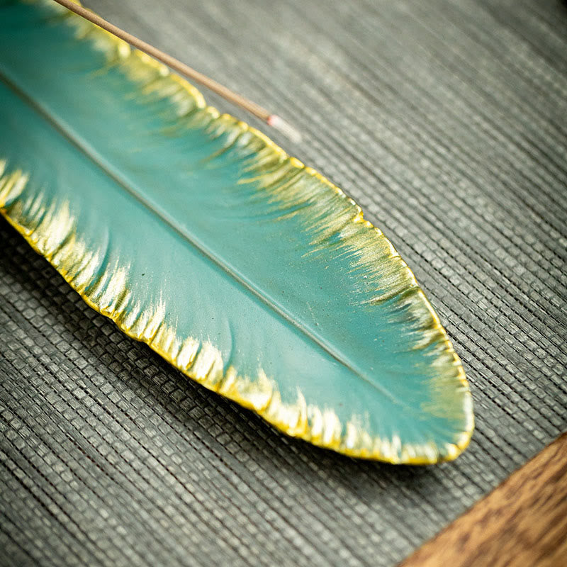 Green Feather Gold Edge Healing Ceramic Incense Burner Decoration