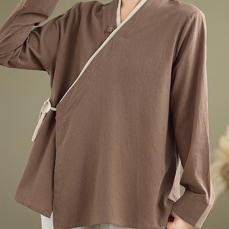 Fall Solid Color Hanfu Long Sleeve Lace Up Women's Shirt