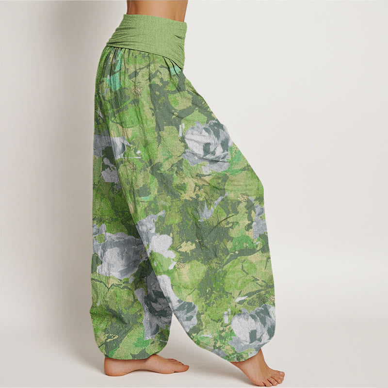 Rose Flowers Pattern Women's Elastic Waist Harem Pants