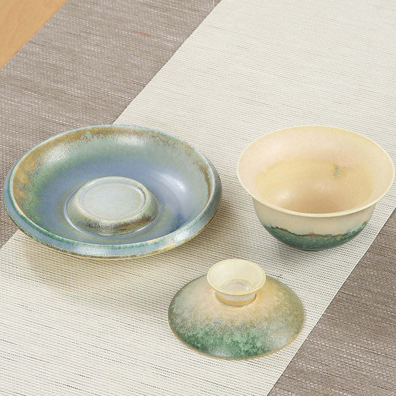 Green Ocean Waves Design Porcelain Ceramic Gaiwan Sancai Teacup Kung Fu Tea Cup And Saucer With Lid