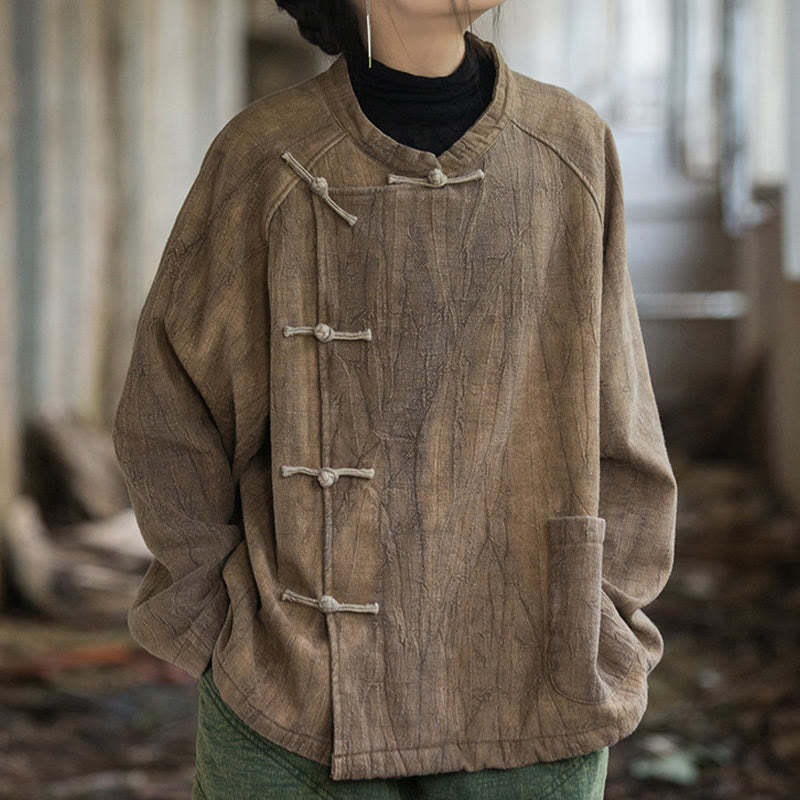 Solid Color Frog-button Thermal Long Sleeve Ramie Linen Women's Shirt