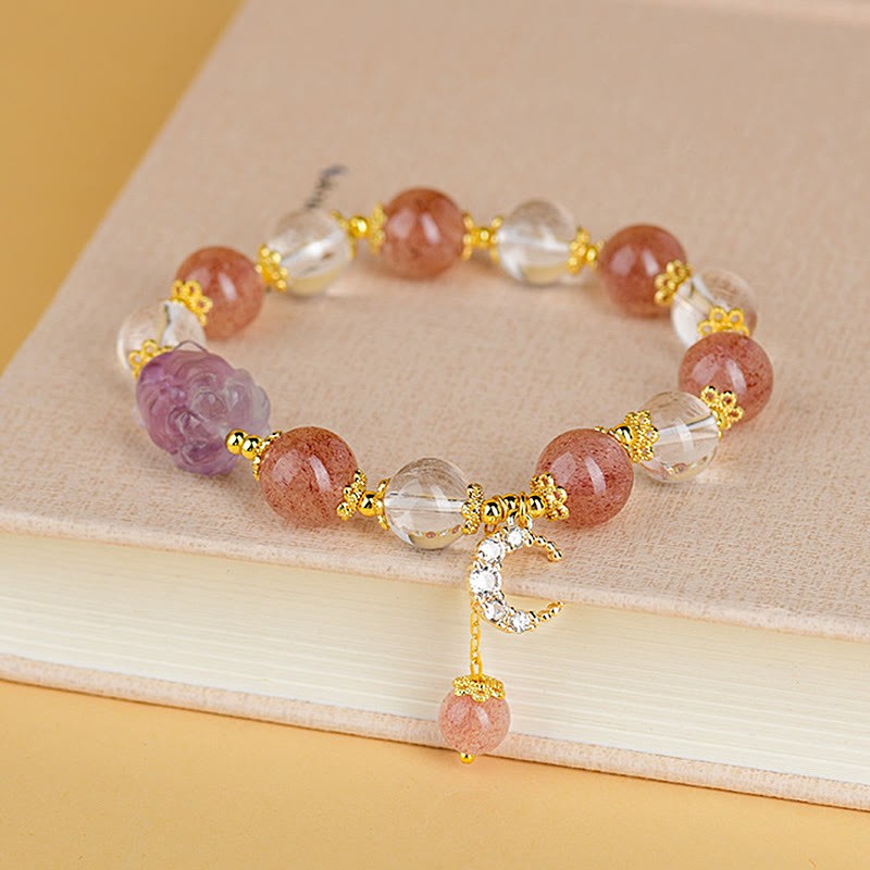 Natural White Strawberry Quartz Crystal Healing Love Nine-tailed Fox  Moon Pendant Bracelet