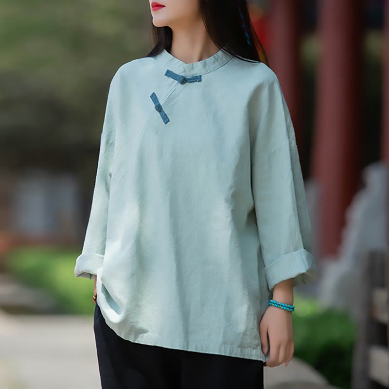 Ramie Linen Loose Blouse Women Long Sleeve Shirt Chinese Hanfu Top