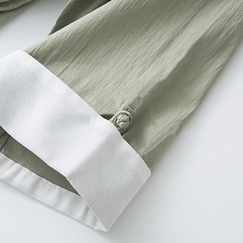 Tang Frog-Button Three Quarter Sleeve Shirt Pants Men's Suit