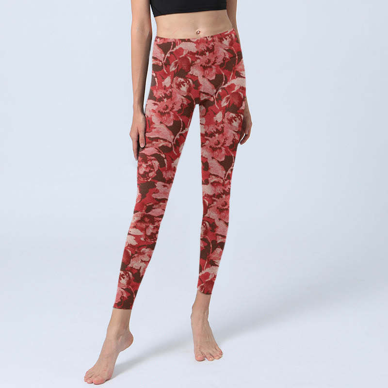 Red Flowers Print Sports Fitness Leggings Women's Yoga Pants