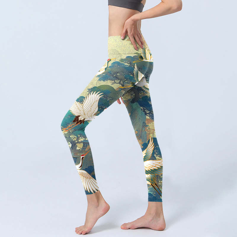 Blue Red-crowned Crane Pine Tree Print Gym Leggings Women's Yoga Pants