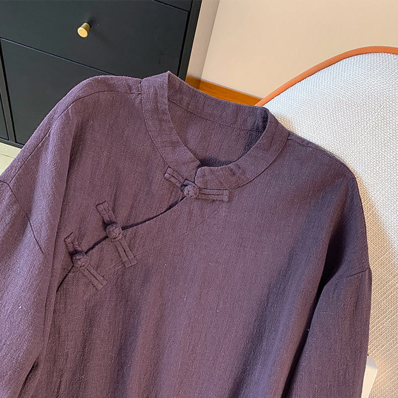 Casual Women's Plain Frog-Button Stand Collar Design Long Sleeve Cotton Linen Shirt With Pockets