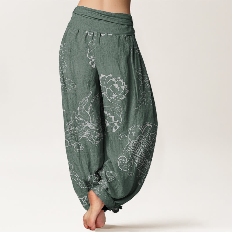 Koi Fish Auspicious Clouds Lotus Flowers Design Women's Elastic Waist Harem Pants