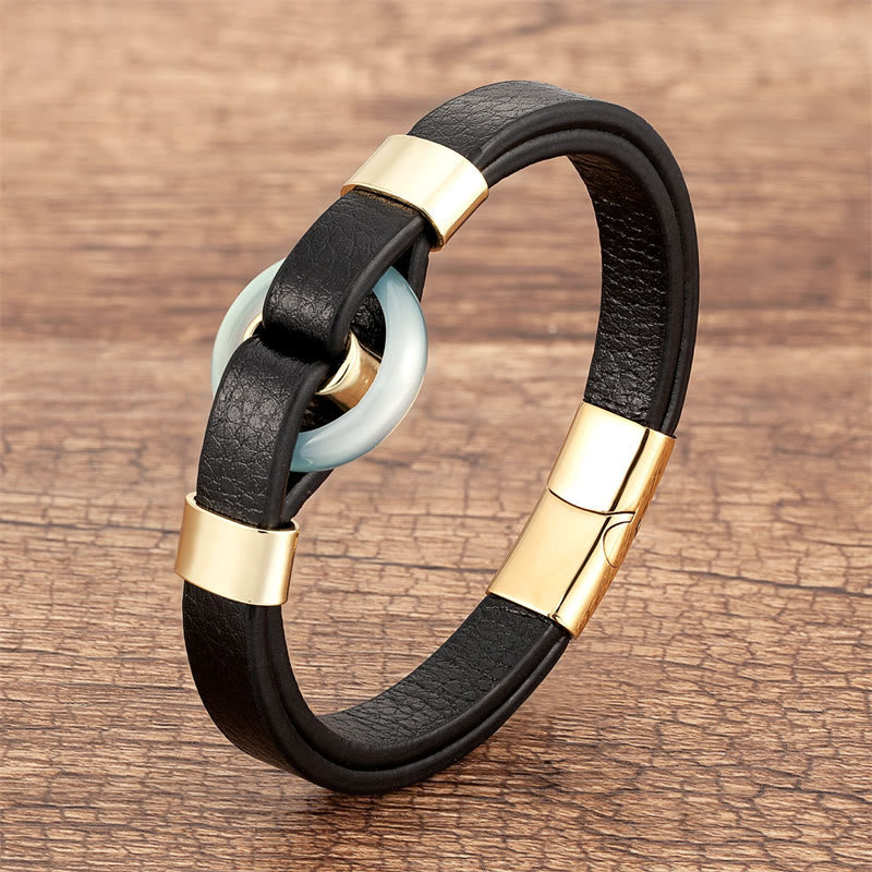 Round Green Aventurine Black Onyx Hematite Agate Rose Quartz Stone Balance Leather Magnetic Buckle Bracelet