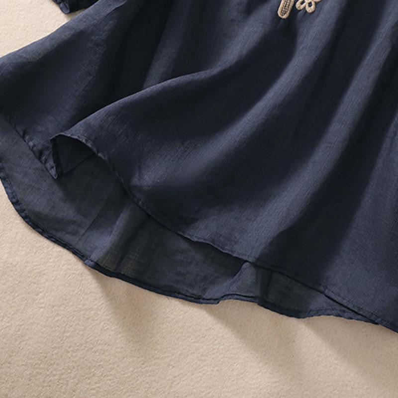 Artistic Plain Floral Embroidered Design Crew Neck Puff Half Sleeve Cotton Linen Women's T-Shirt