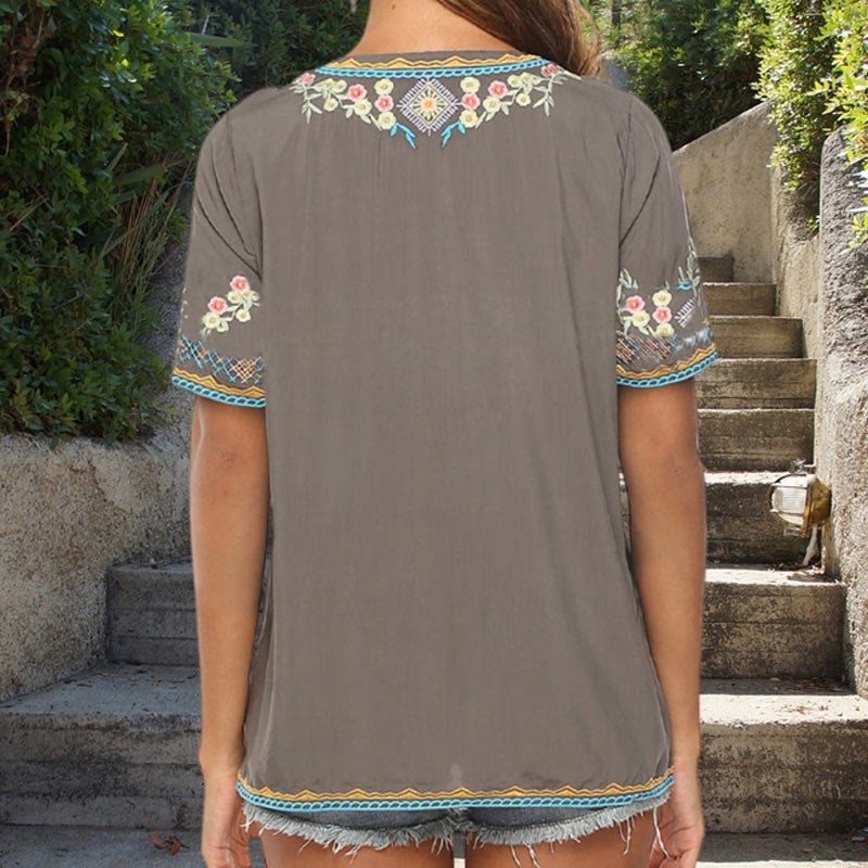 Embroidery Flower Design Short Sleeve V-neck Cotton Women's T-Shirt