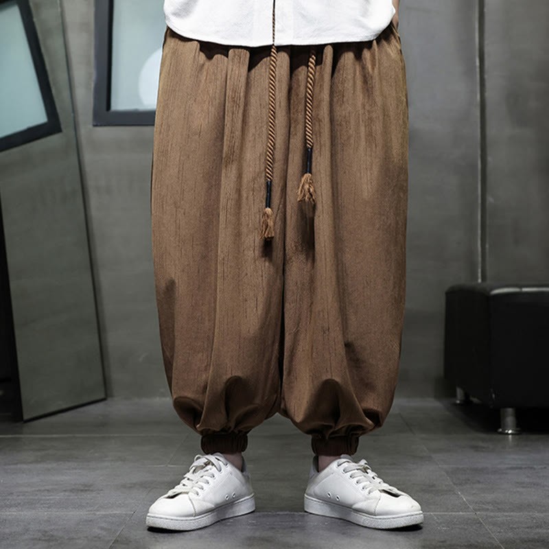 Solid Color Corduroy Drawstring Thermal Men's Harem Pants With Pockets