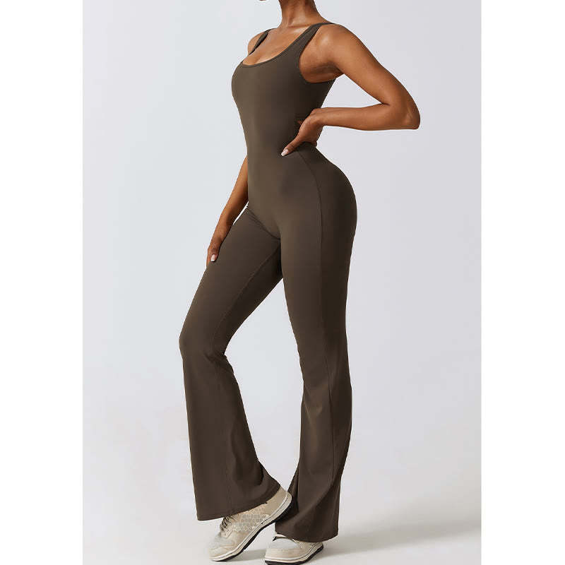 Women Workout Sleeveless Jumpsuit Flare Pants Sports Fitness Yoga Bodysuit