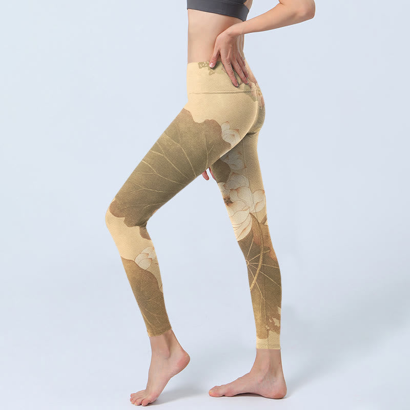 Lotus Flowers Leaves Print Gym Leggings Women's Yoga Pants