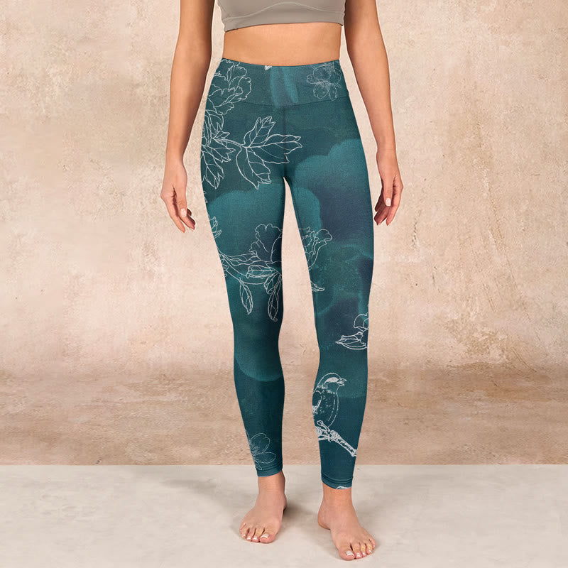 Peony Flower Magpie Butterfly Print Gym Fitness Leggings Women's Yoga Pants