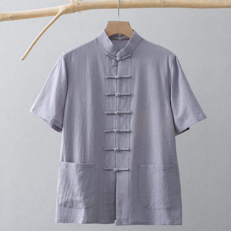 Chinese Frog-Button Tang Suit Men's Short Sleeve Shirt Cotton Linen Clothing With Pockets