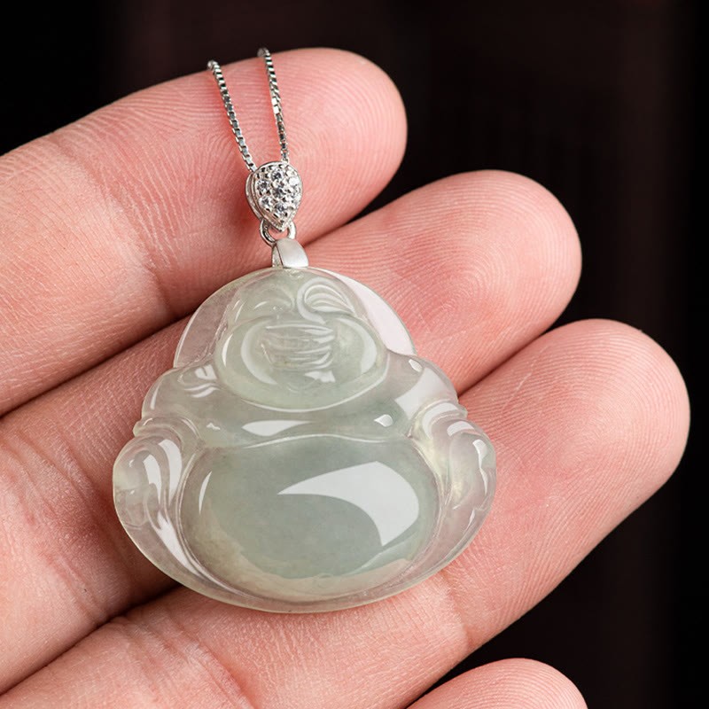 925 Sterling Silver Natural Jade Laughing mystic zen Prosperity Abundance Chain Necklace Pendant