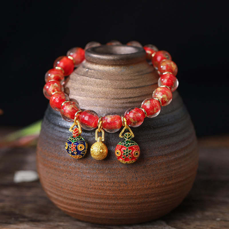 Gold Swallowing Beast Family Charm Gold Silver Foil Liuli Glass Bead Blessings Bracelet