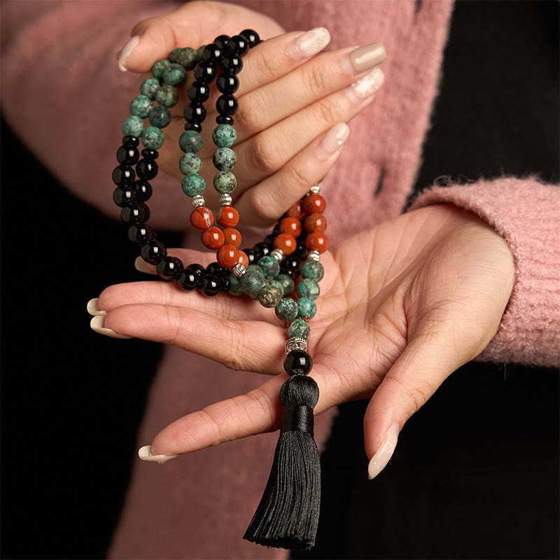 108 Mala Natural Black Onyx Red Jasper Turquoise Beads mystic zen Head Tassel Protection Bracelet