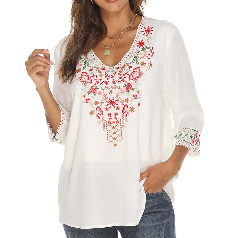 Summer Embroidery Flower Simple Design Three Quarter Sleeve V-neck Cotton Women's T-Shirt