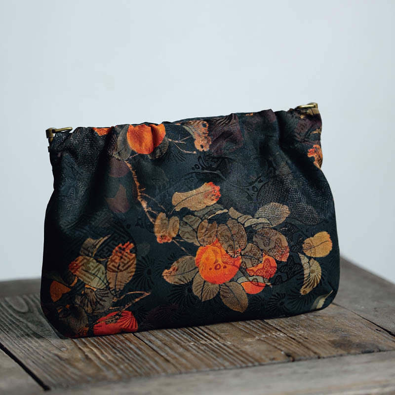 Yellow Green Flower Black Persimmon Metal Chain Crossbody Bag Shoulder Bag Handbag