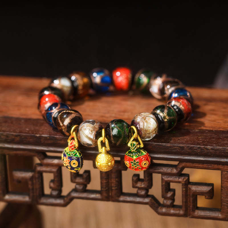 Five Elements Gold Swallowing Beast Family Charm Liuli Glass Bead Luck Bracelet