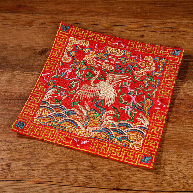 Crane Phoenix Dragon Kirin Embroidered Cup Mat Pad Tea Cup Coaster Square Kung Fu Tea Mat