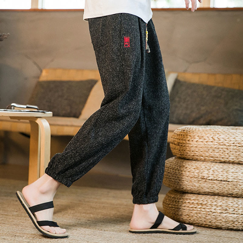 Plain Drawstring Cotton Men's Harem Pants With Pockets