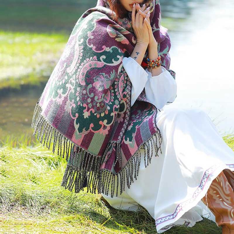 Tibetan Flowers Leaves Branch Design Tassel Shawl Cozy Travel Scarf Wrap