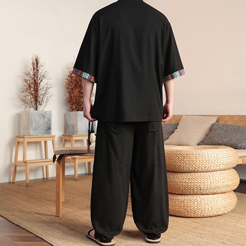2Pcs Patchwork Chinese Frog-Button Shirt Wide Leg Pants Men's Meditation Cloth Set With Pockets