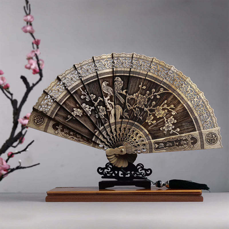 Koi Fish Peony Bird Flower Engraved Hollow Handheld Phoebe Zhennan Wood Folding Fan 22cm