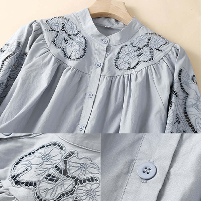 Casual Embroidery Flower Hole Design Three Quarter Sleeve Cotton Linen Women's Shirt
