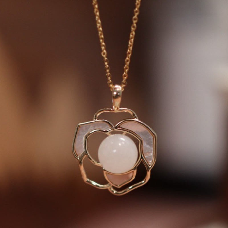 925 Sterling Silver Plated Gold Posts Hetian White Jade Tridacna Stone Camellia Flower Luck Necklace Pendant Ring Earrings