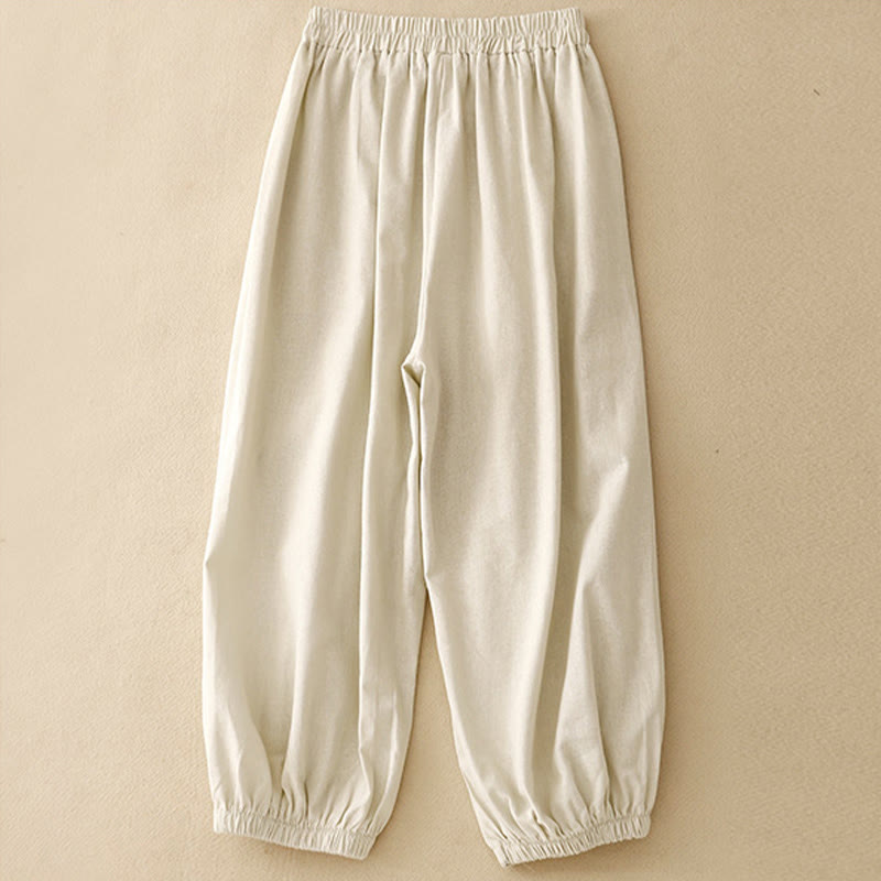 Casual Embroidery Flower 7-8 Length Cropped Pants Women's Cotton Harem Pants With Pockets