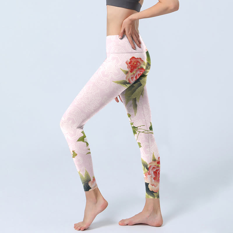 Hibiscus Flowers And Leaves Print Gym Leggings Women's Yoga Pants