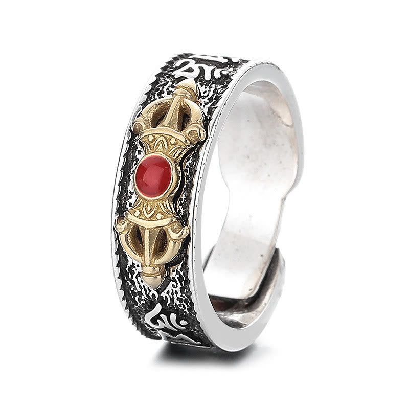 Tibetan Om Mani Padme Hum Red Agate Dorje Vajra Design Wisdom Ring