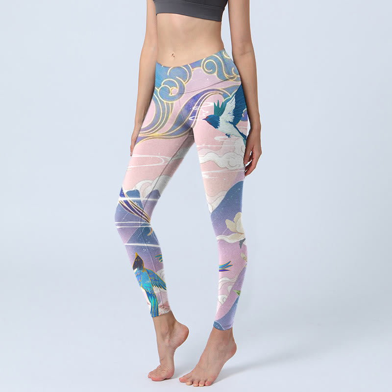Swallow Magpie Flower Mountain Auspicious Clouds Print Gym Leggings Women's Yoga Pants